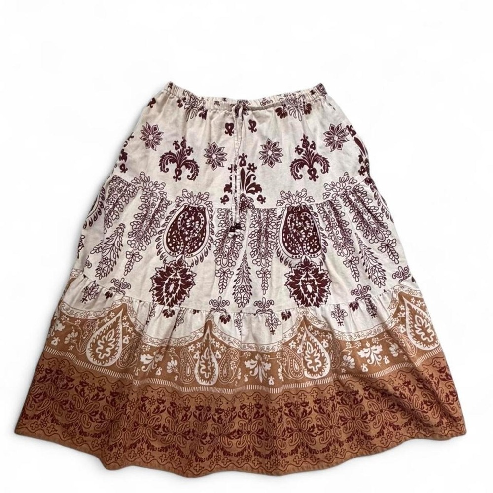 Tiered Peasant Skirt Burgundy Rust Paisley Border Midi